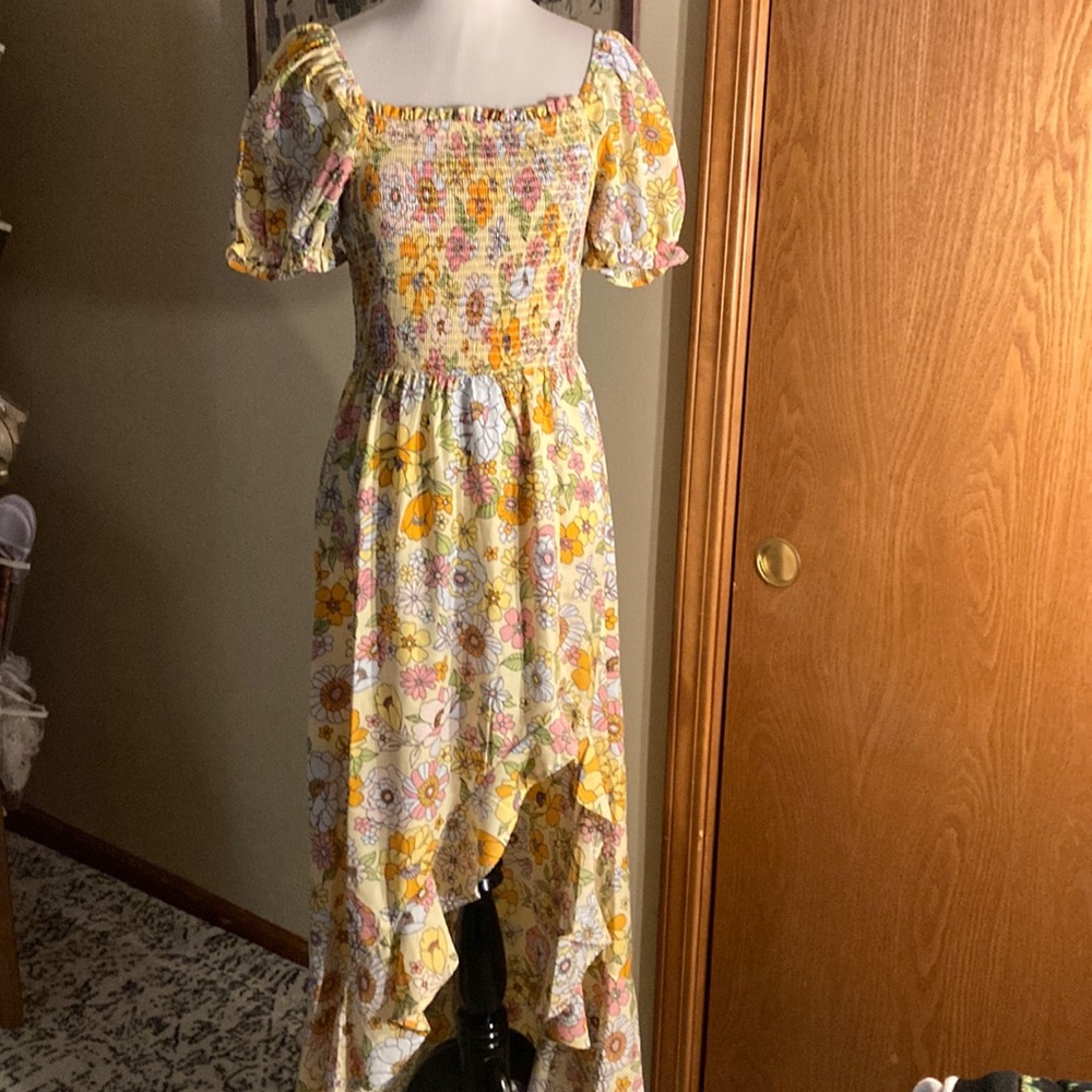Retro Floral Crystal Doll Asymmetrical hem ruched bodice puff sleeve dress Med